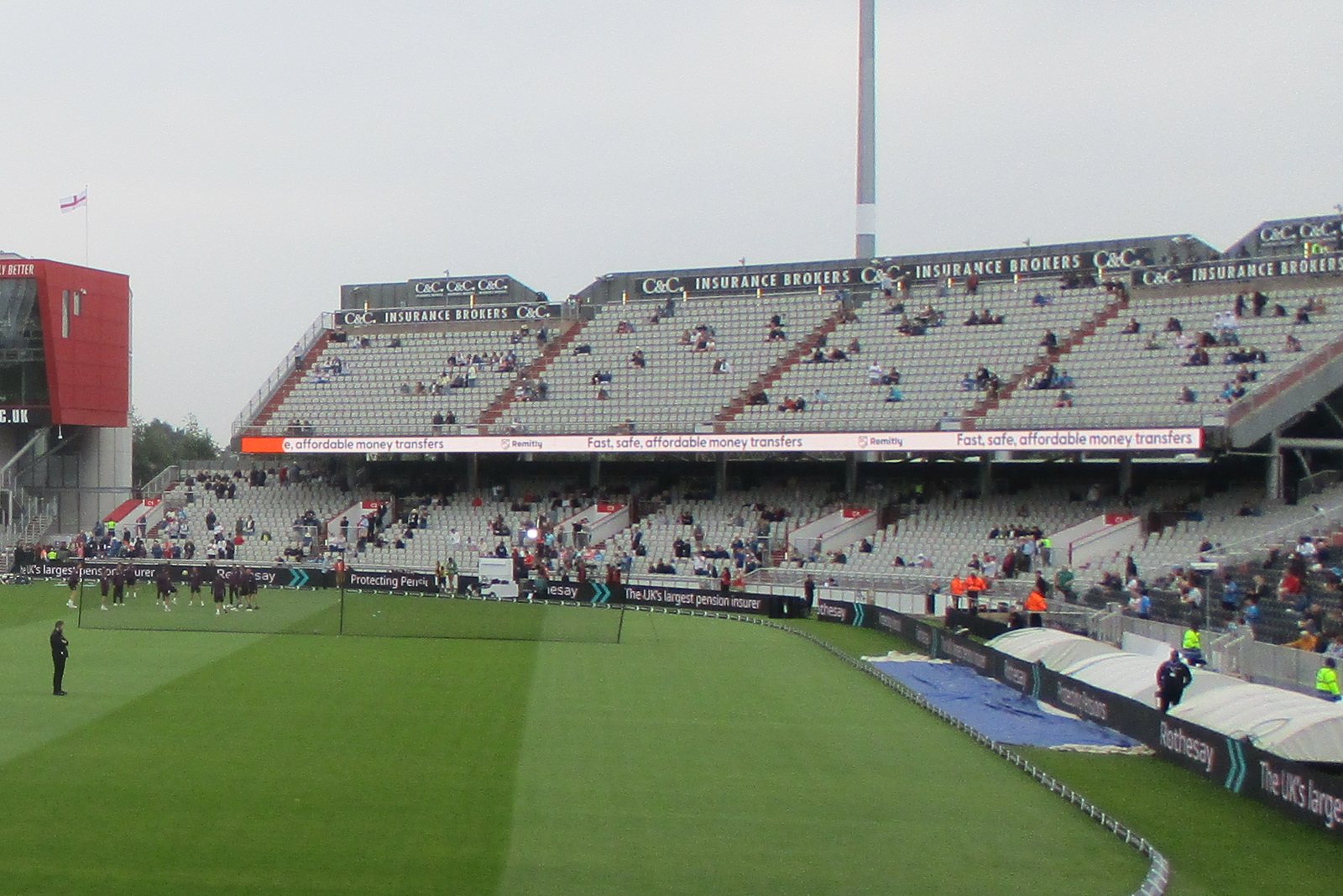 Lightning Stand C’s two tiers beside the Media Centre, viewed across Old Trafford’s outfield in July 2025